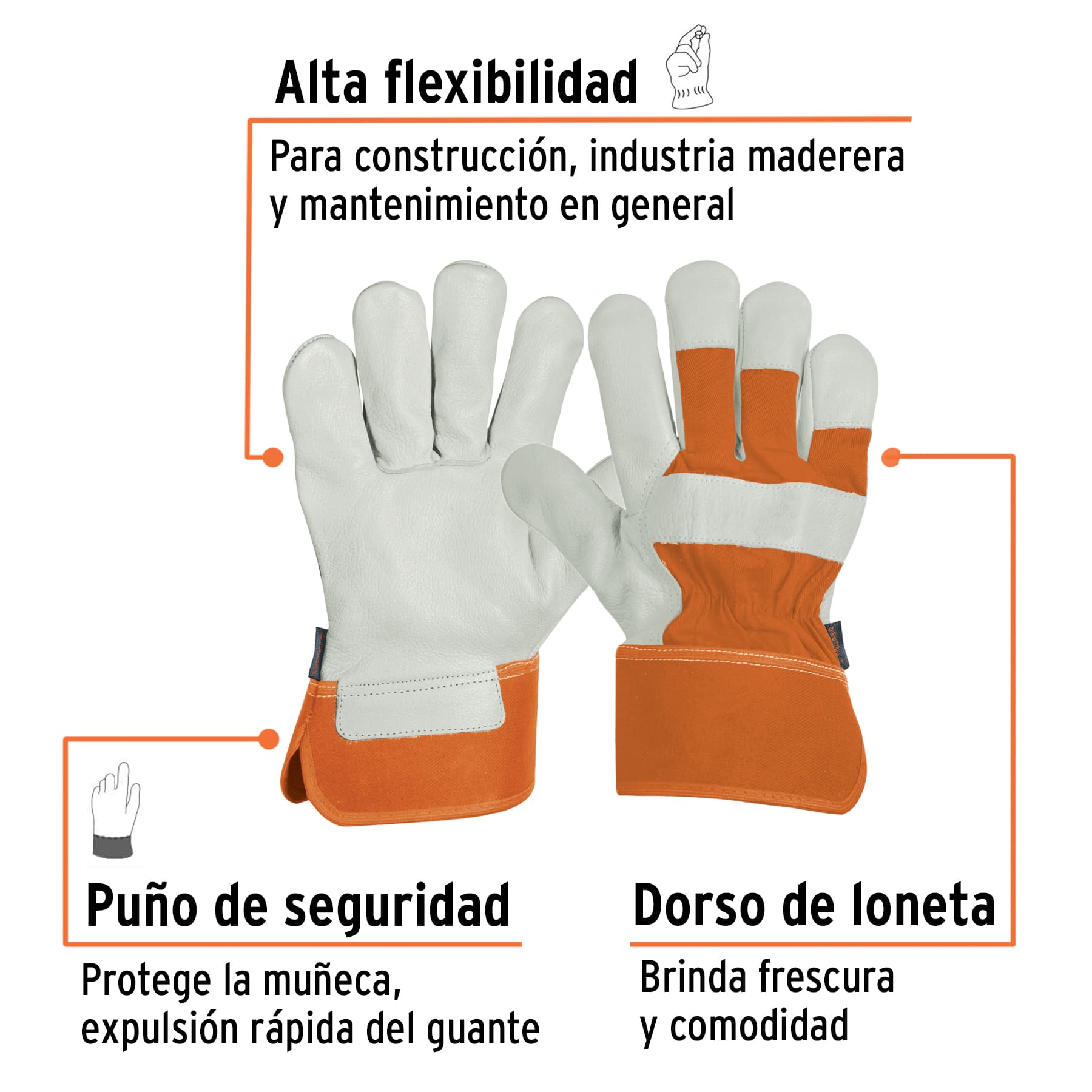 Guantes de piel de res y dorso de loneta