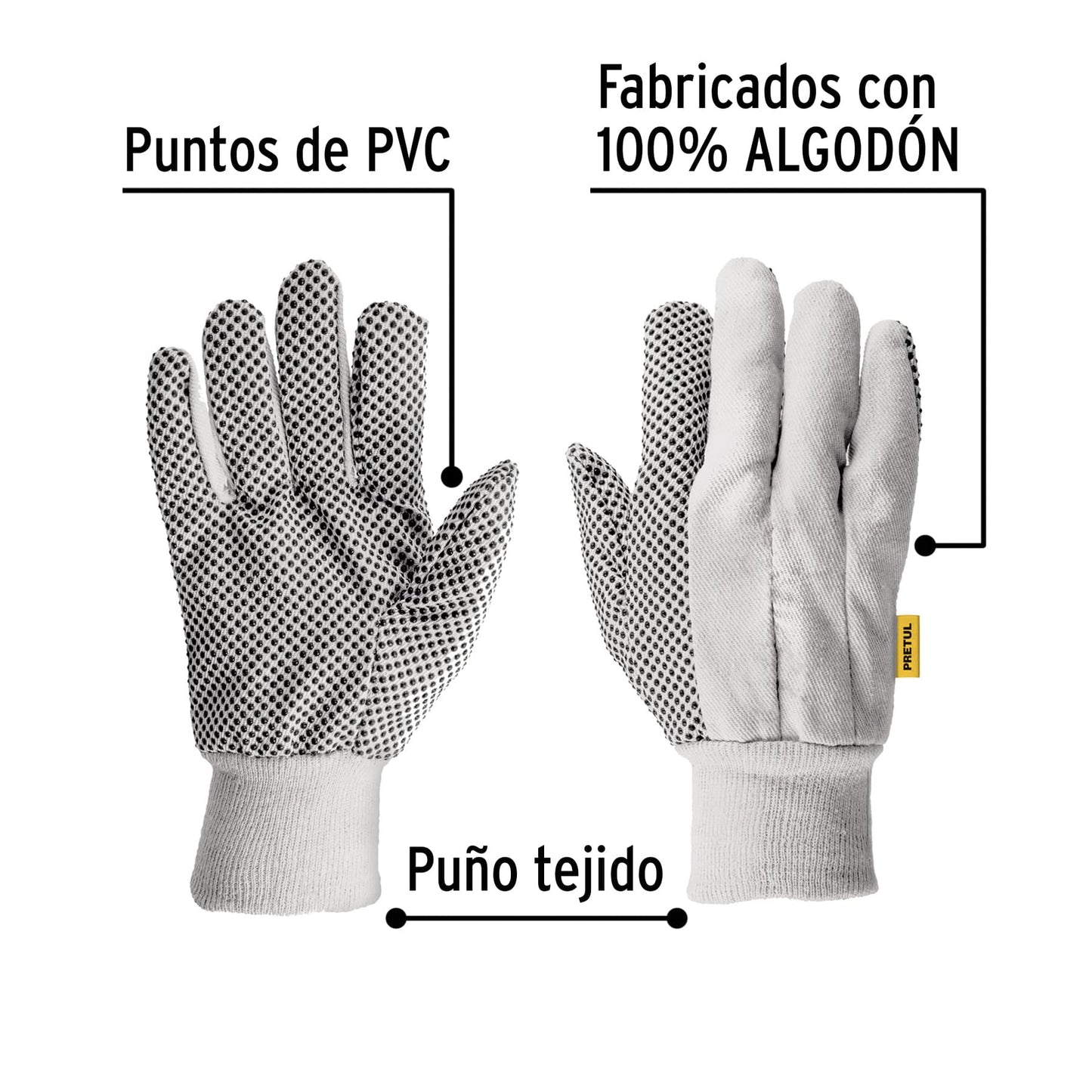 Guantes de algodón con puntos de PVC, palmas y dorso, Pretul