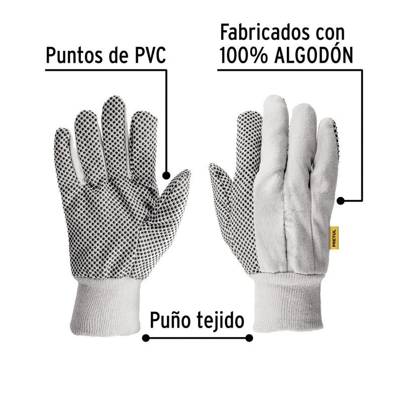 Guantes de algodón con puntos de PVC, palmas y dorso, Pretul