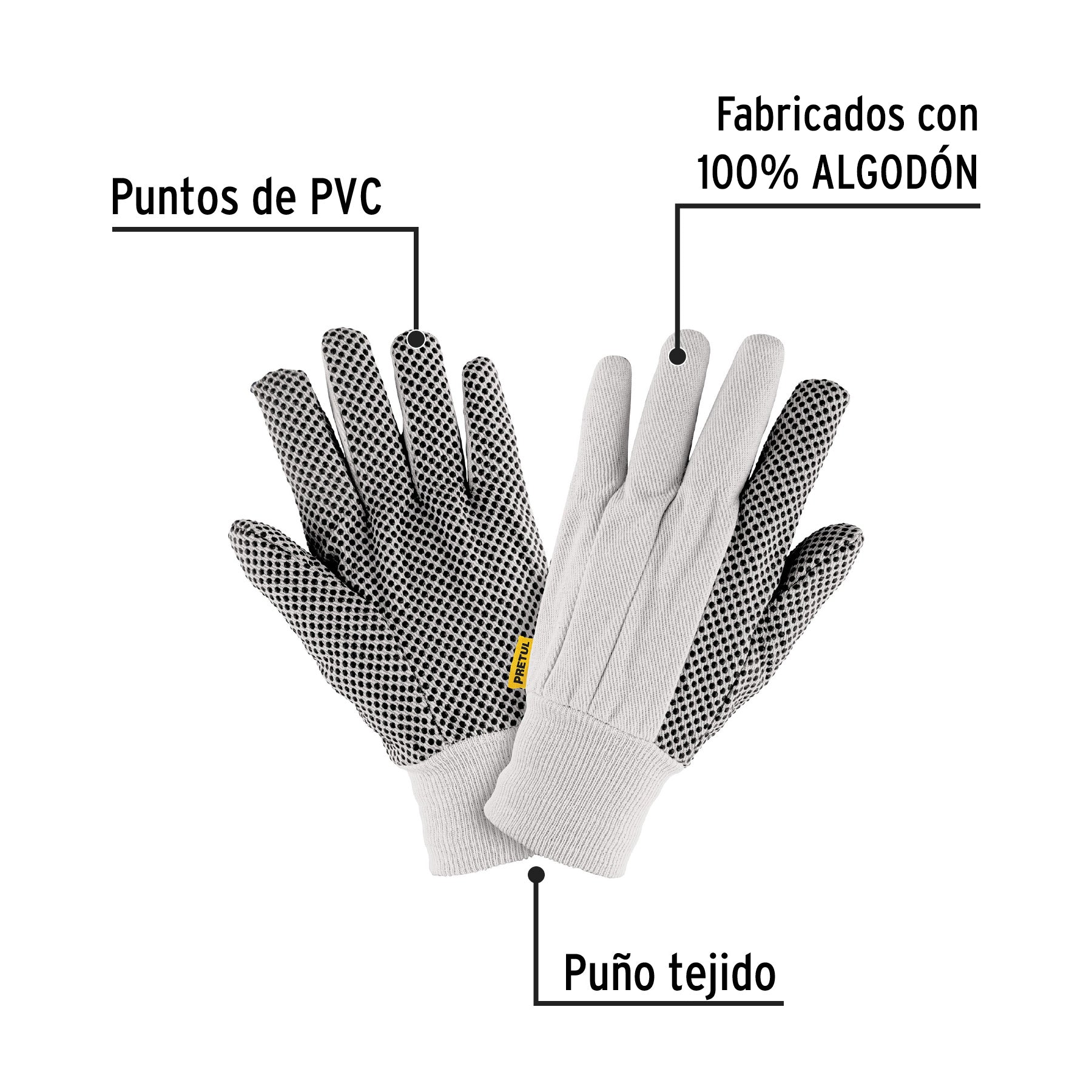 Guantes de algodón con puntos de PVC, palmas y dorso, Pretul