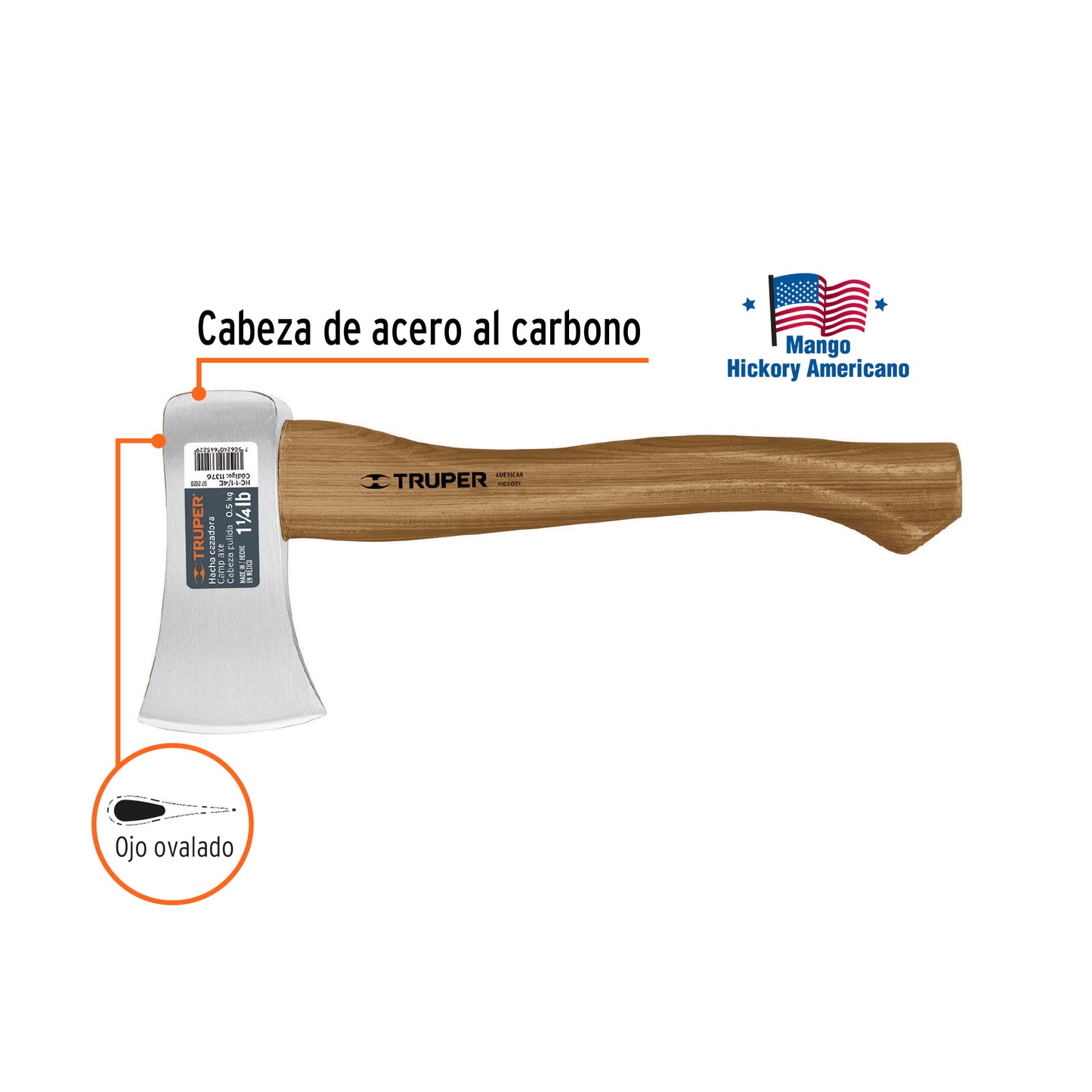 Hacha cazadora, 1-1/4 lb, mango hickory 14", cabeza pulida