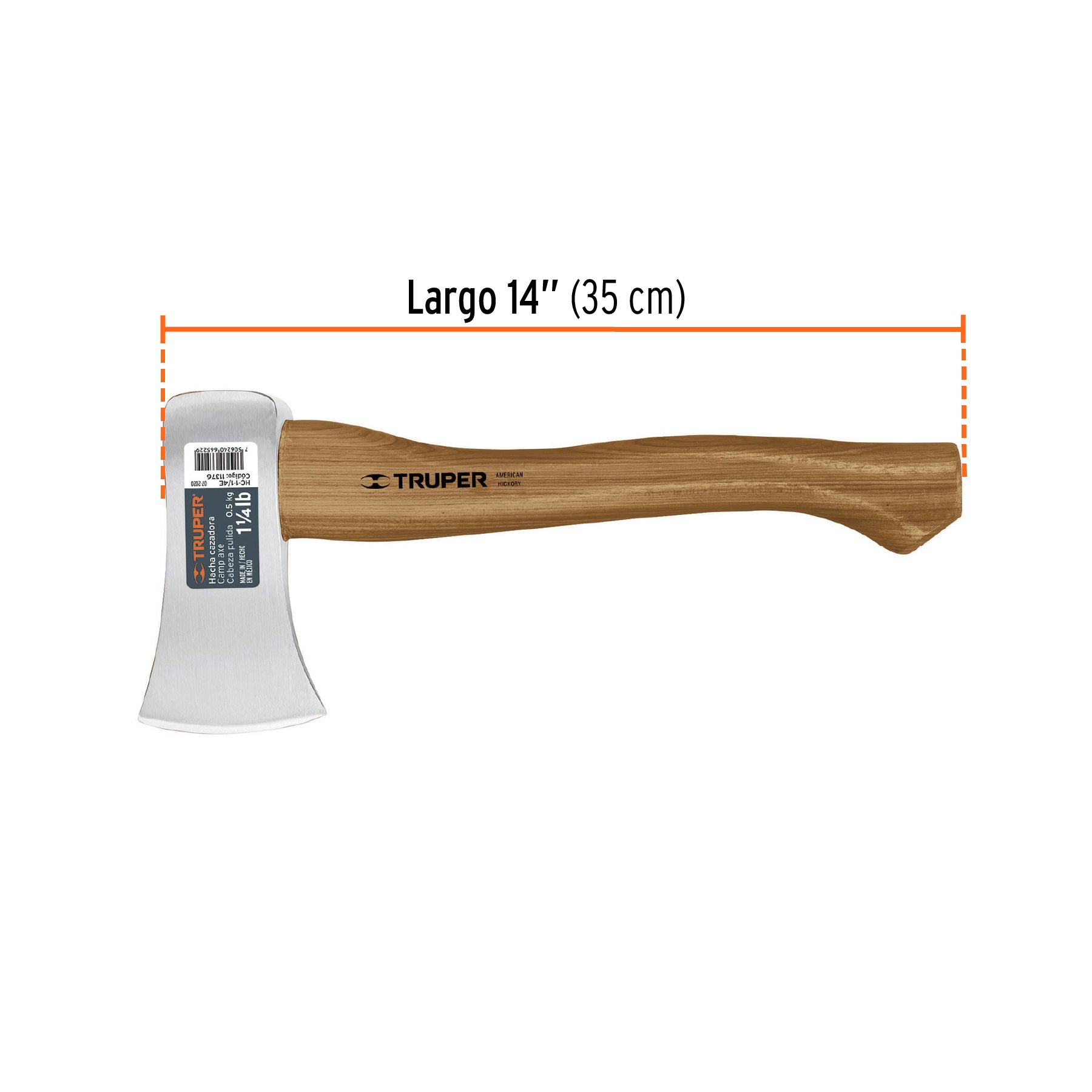 Hacha cazadora, 1-1/4 lb, mango hickory 14", cabeza pulida