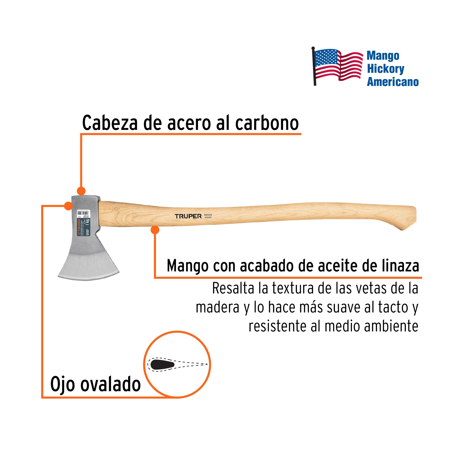 Hacha europea 1 kg, mango Hickory 28'