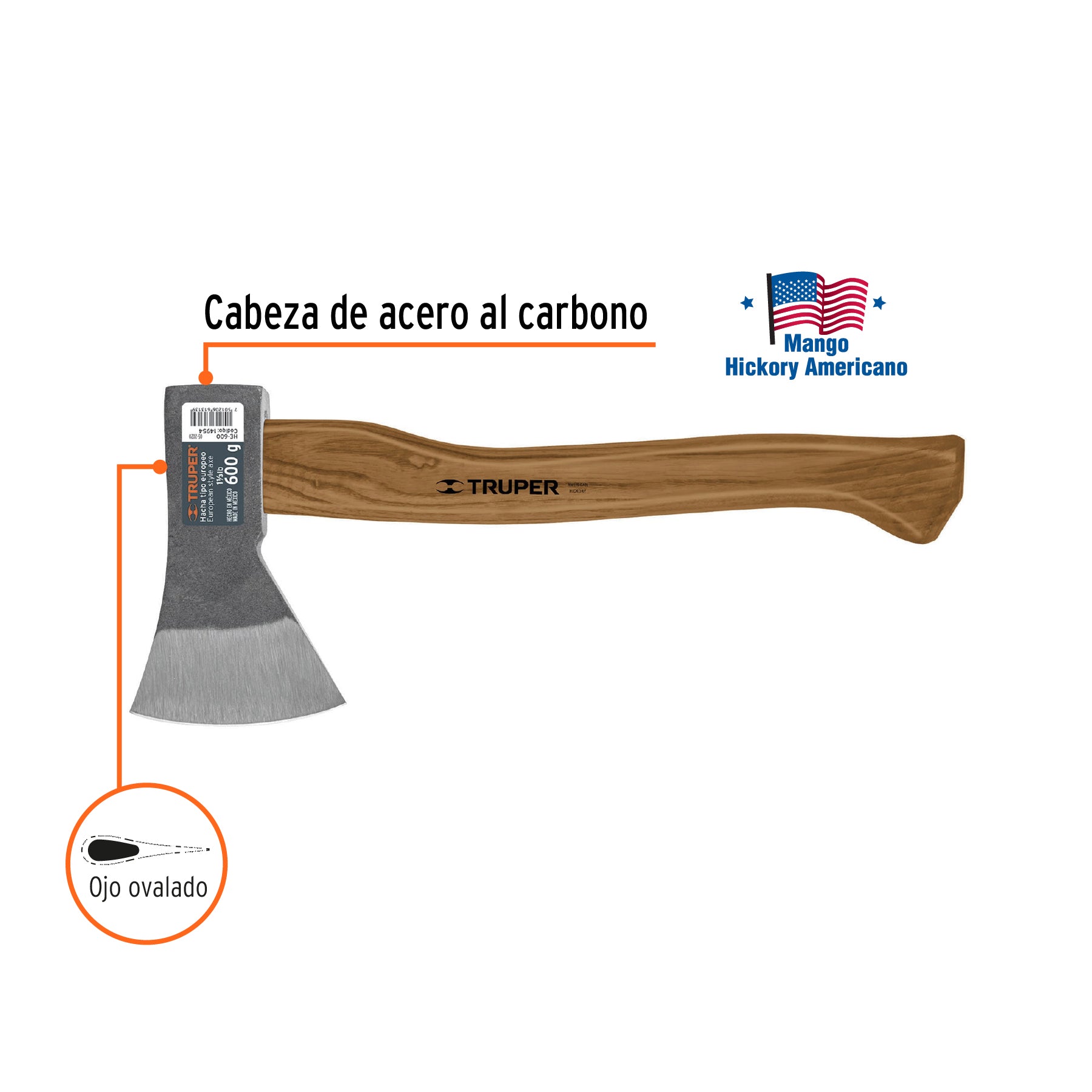 Hacha europea, 600 g, mango Hickory 14"