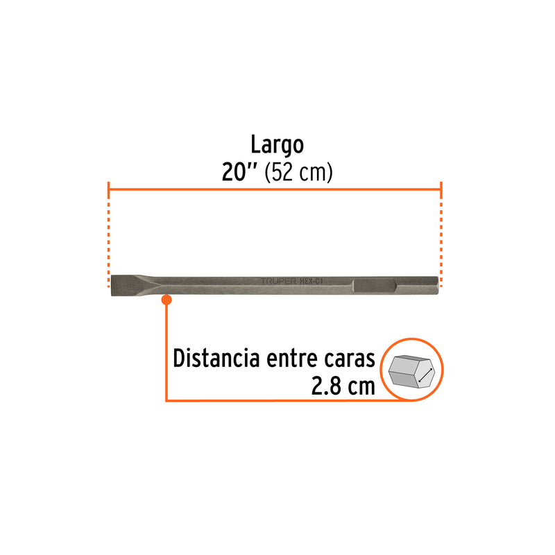 Cincel plano zanco hexagonal de 1 1/8', de 20' X 1.5'