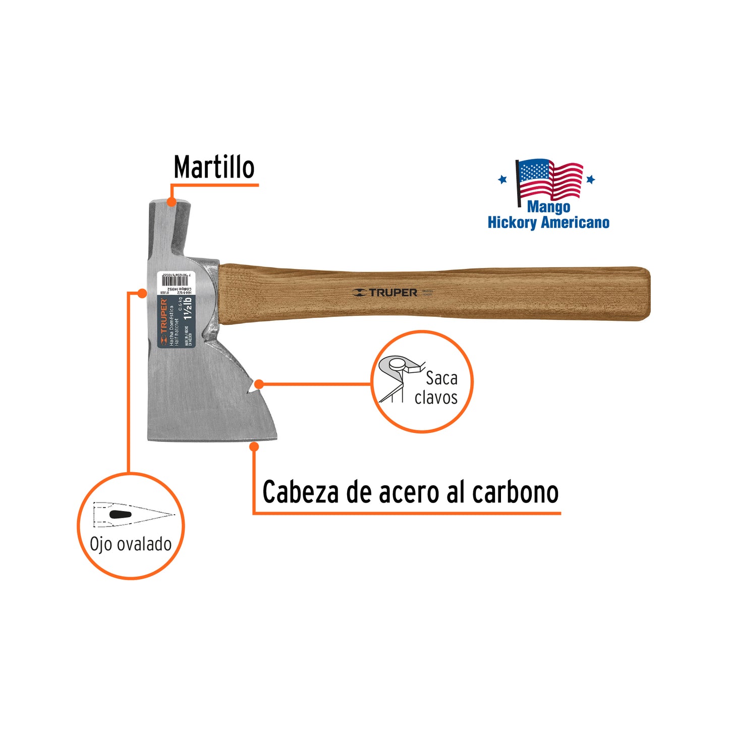 Hacha Doméstica, 1-1/2 lb, mango Hickory 14"
