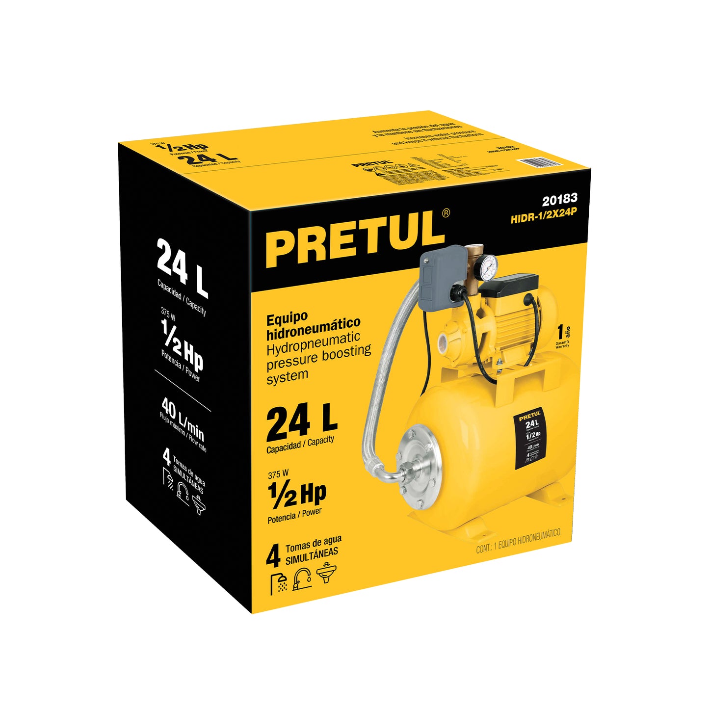 Bomba hidroneumática 1/2 HP, 24 litros, Pretul