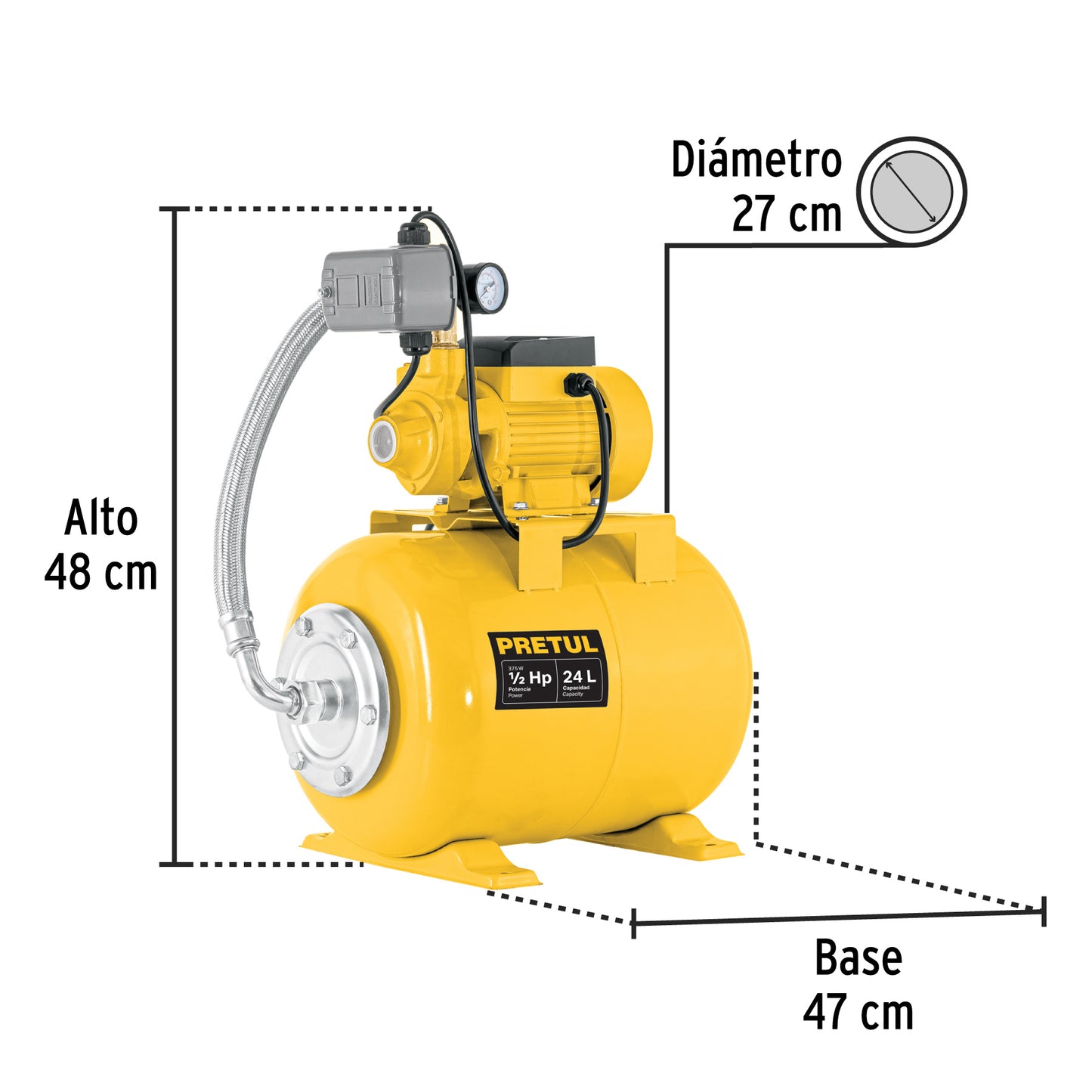 Bomba hidroneumática 1/2 HP, 24 litros, Pretul