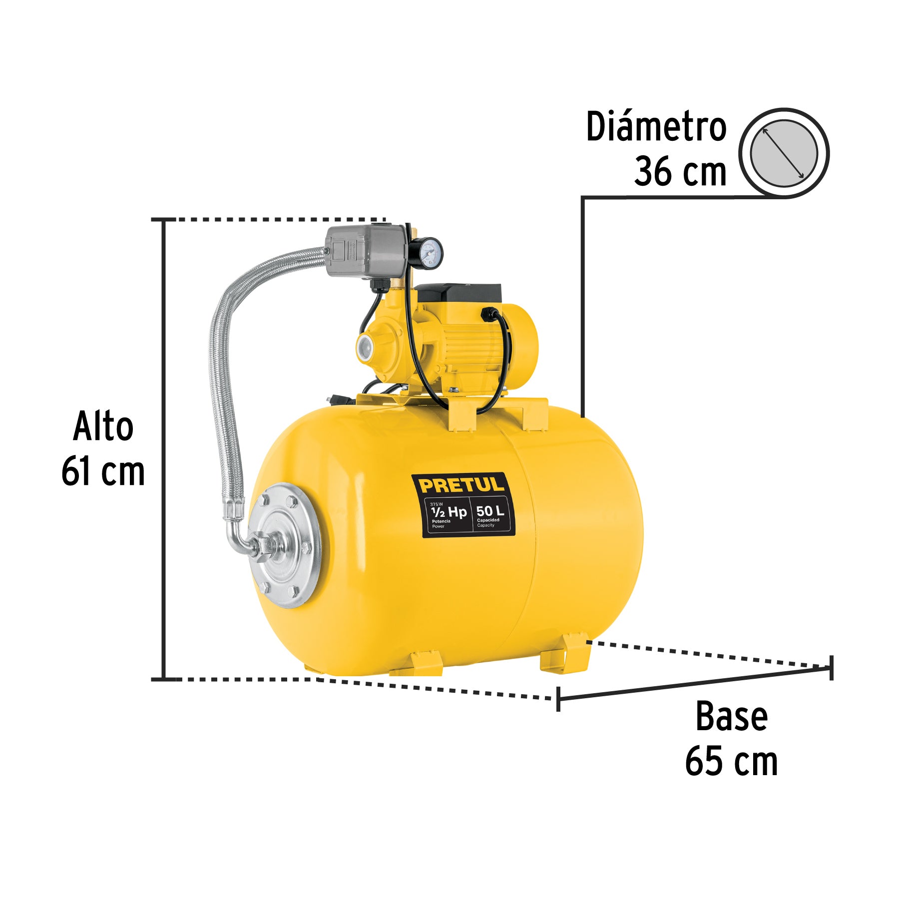 Bomba hidroneumática 1/2 HP, 50 litros, Pretul