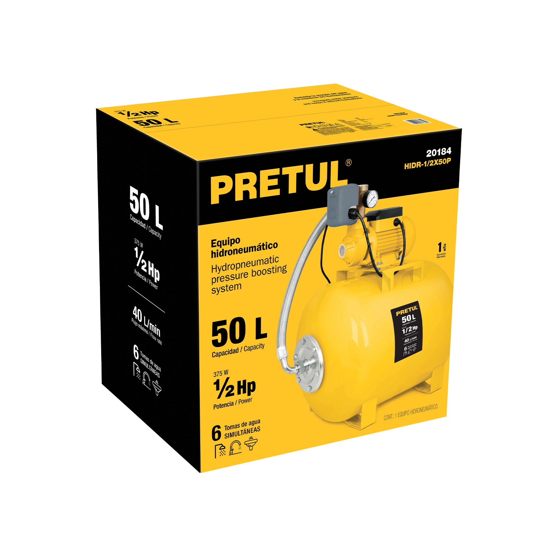 Bomba hidroneumática 1/2 HP, 50 litros, Pretul