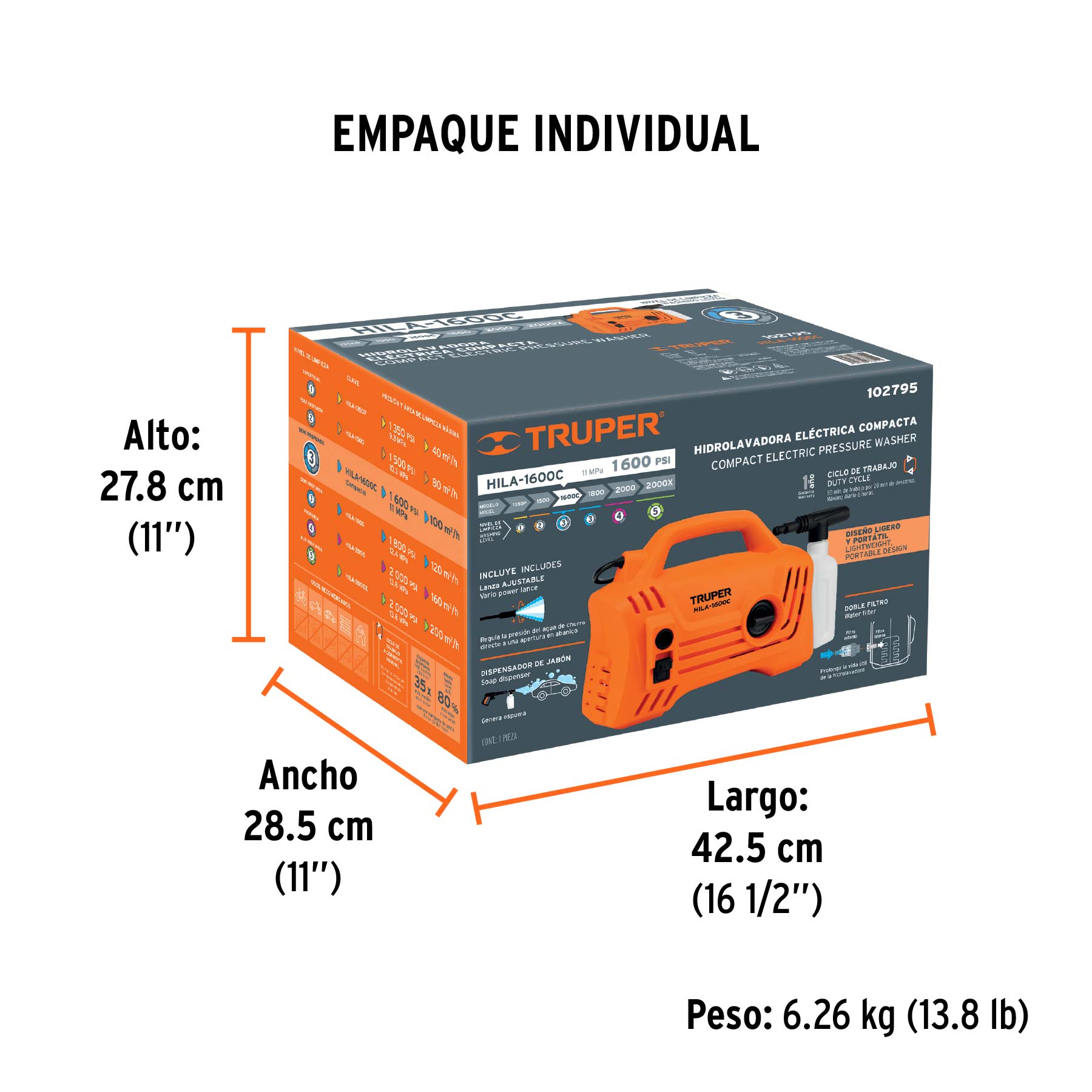 Hidrolavadora eléctrica compacta 1600 PSI, Truper