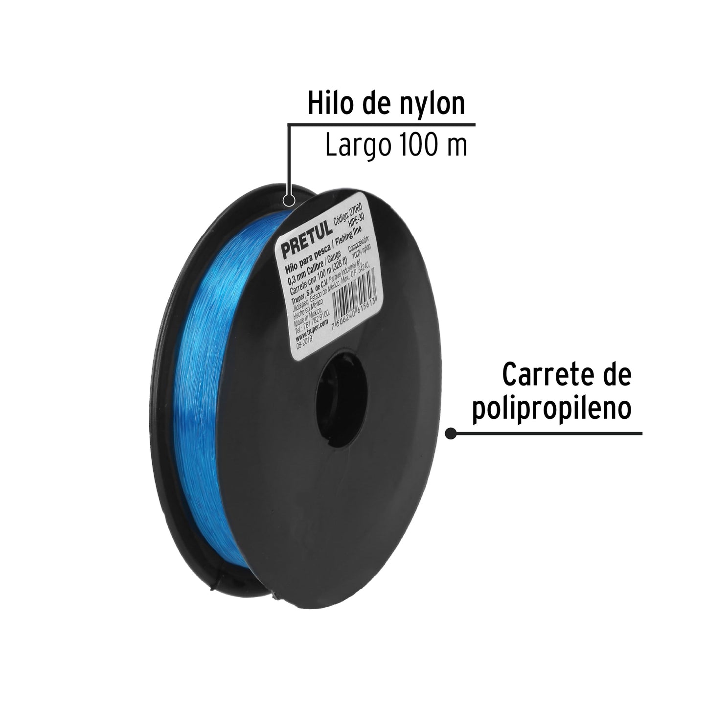 Hilo para pesca, rollo 100 m, calibre 0.30 mm, azul
