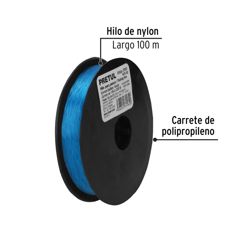 Hilo para pesca, rollo 100m, calibre 0.40mm, azul