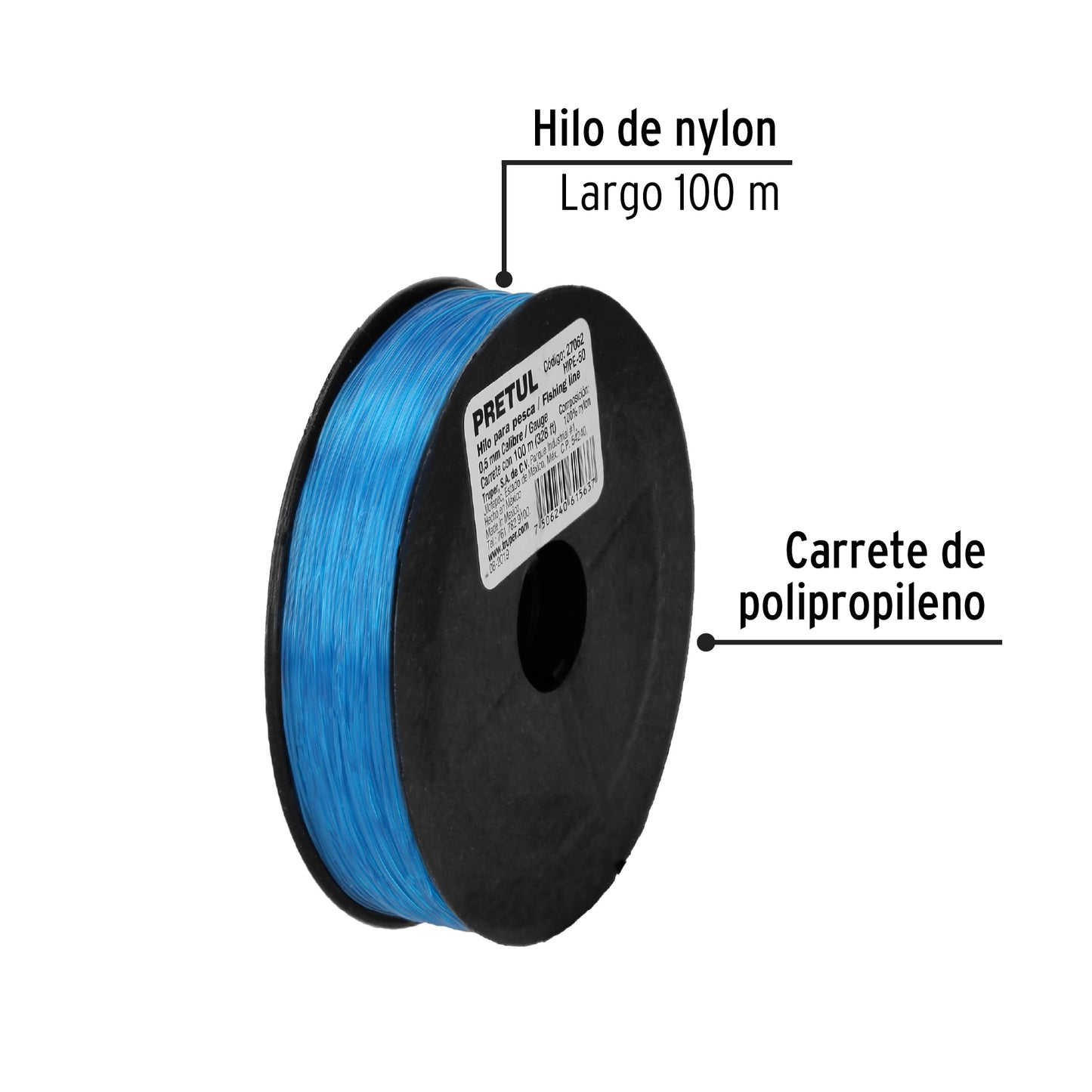 Hilo para pesca, rollo 100m, calibre 0.50mm, azul