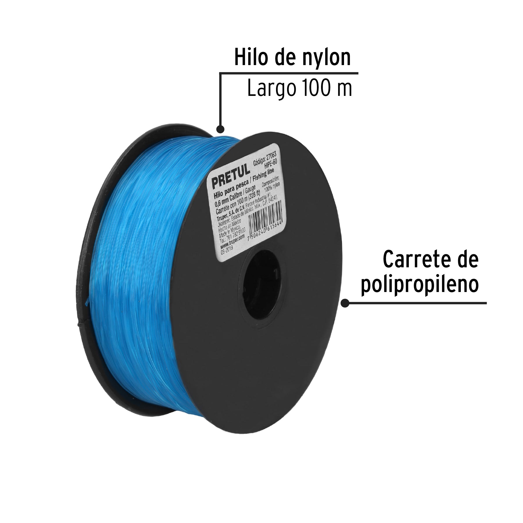 Hilo para pesca, rollo 100m, calibre 0.60mm, azul