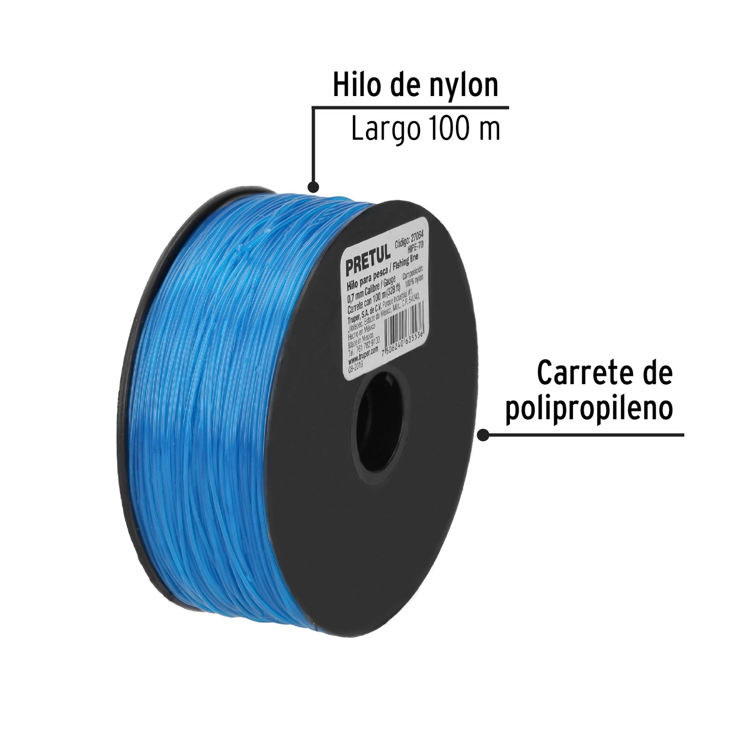 Hilo para pesca, rollo 100m, calibre 0.70mm, azul