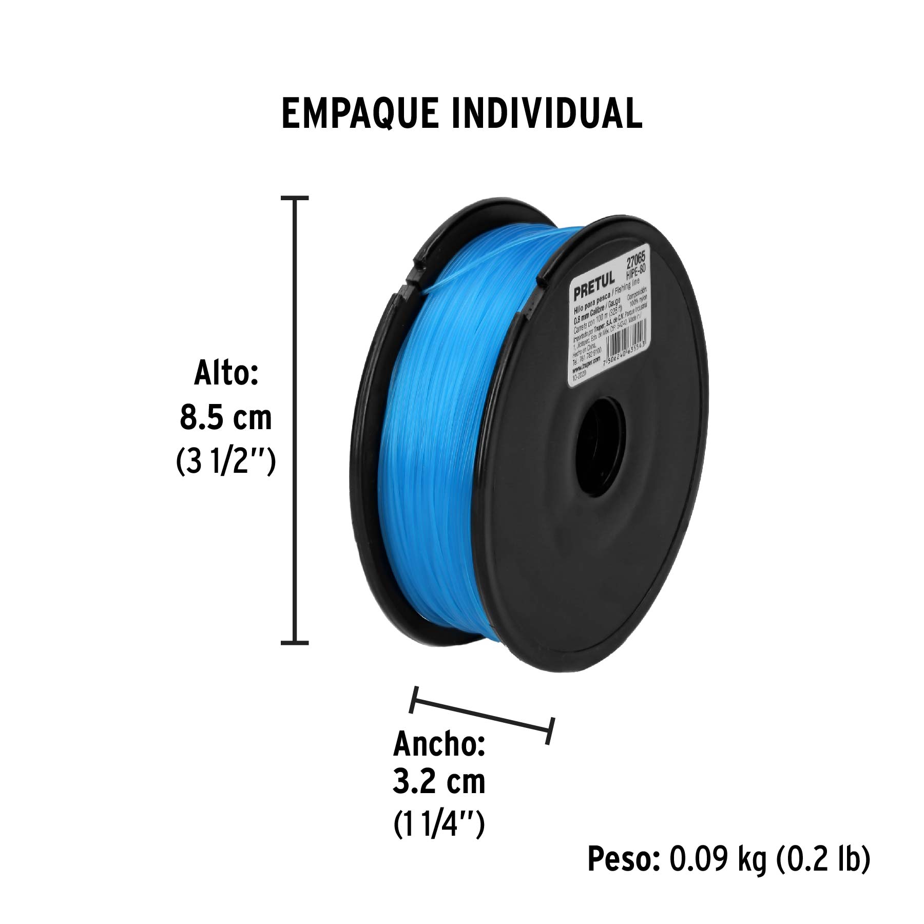 Hilo para pesca, rollo 100m, calibre 0.80mm, azul