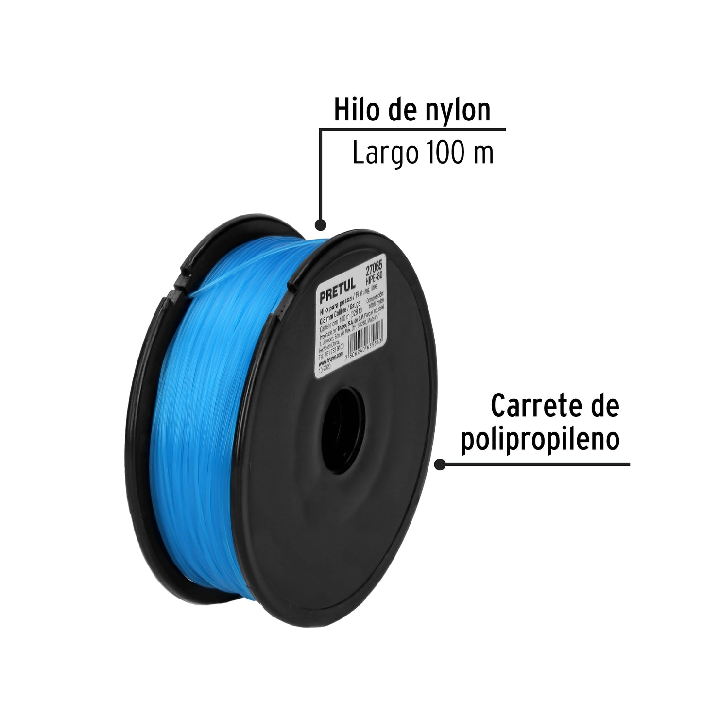 Hilo para pesca, rollo 100m, calibre 0.80mm, azul