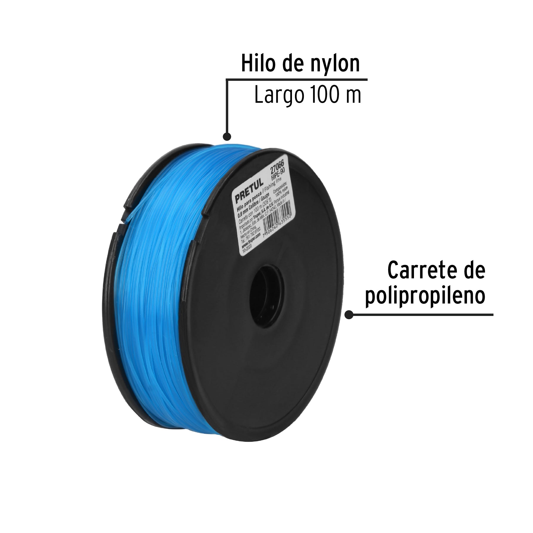 Hilo para pesca, rollo 100m, calibre 0.90mm, azul