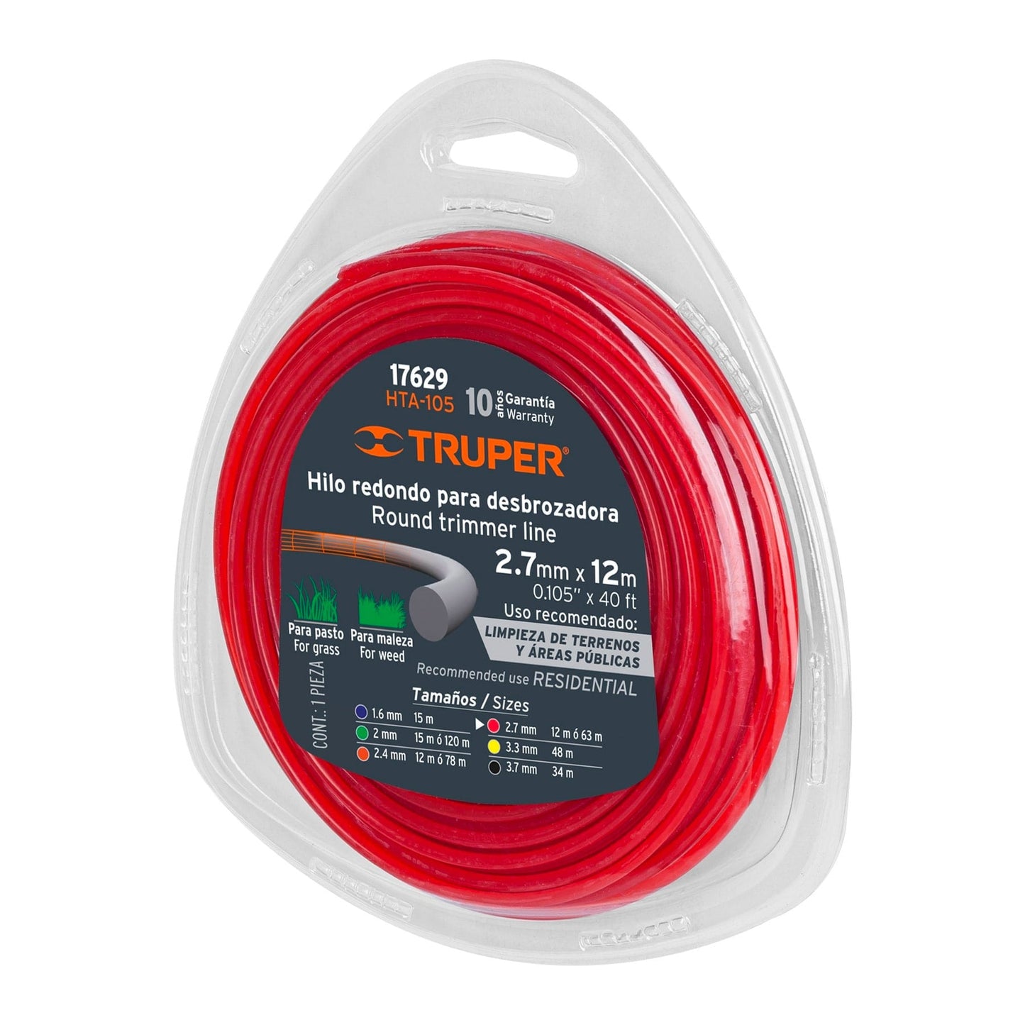 Hilo redondo para desbrozadora, 12 m largo, 2.7 mm, blister