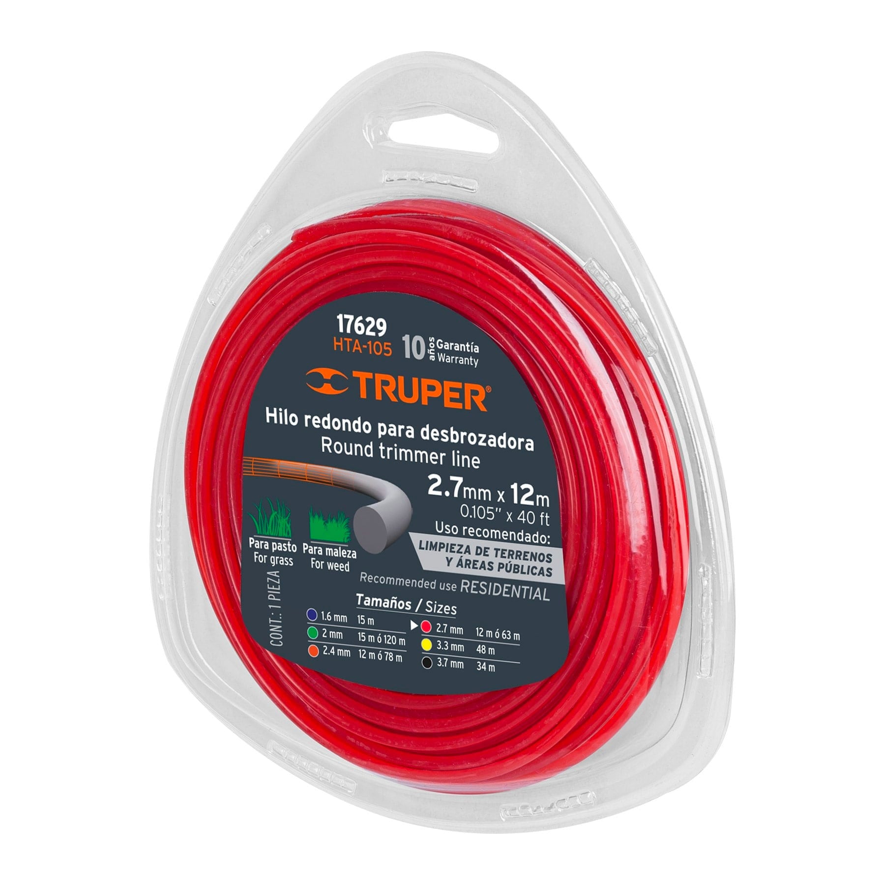 Hilo redondo para desbrozadora, 12 m largo, 2.7 mm, blister