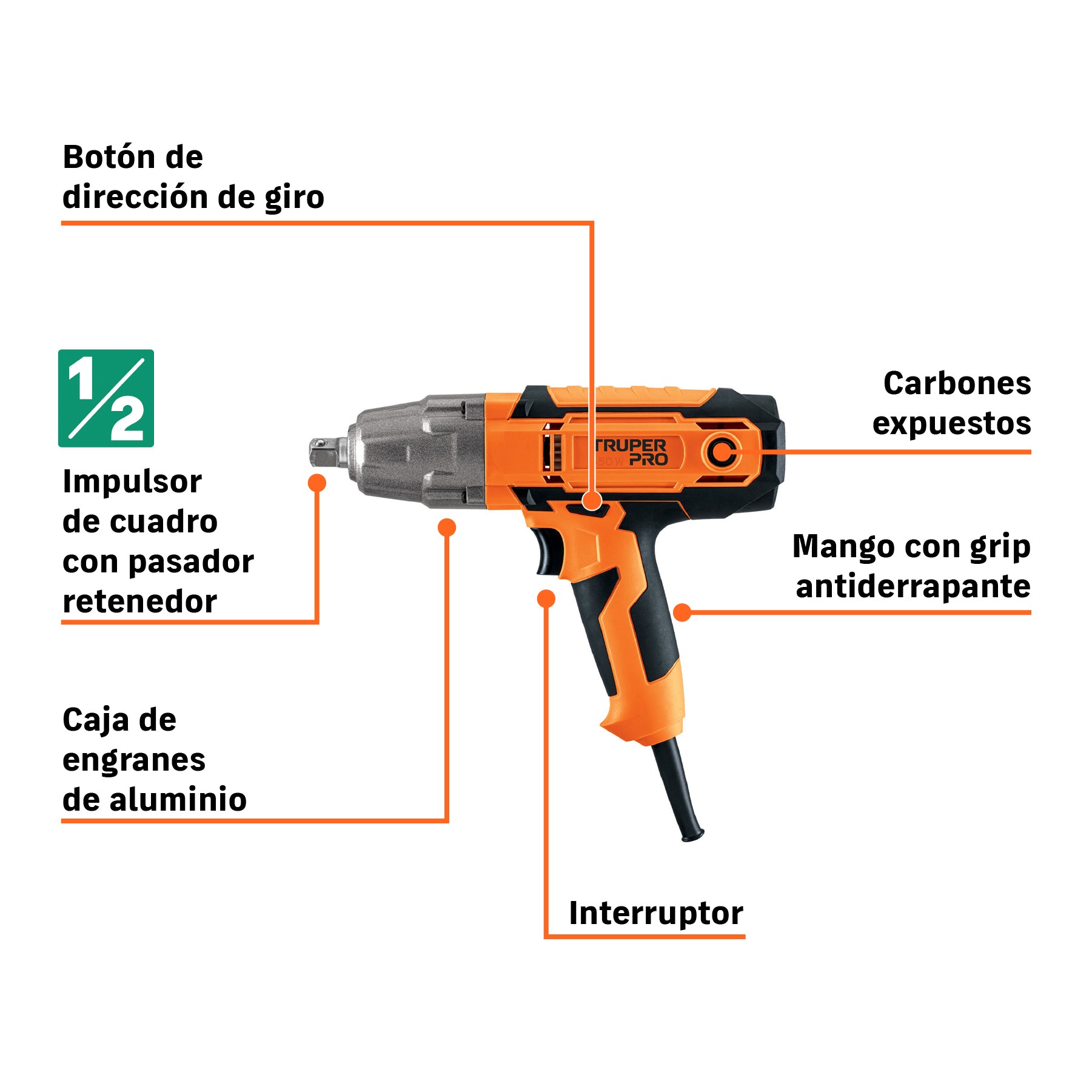 Llave de impacto 1/2' 550W, 258 ft/lb, TRUPER PRO
