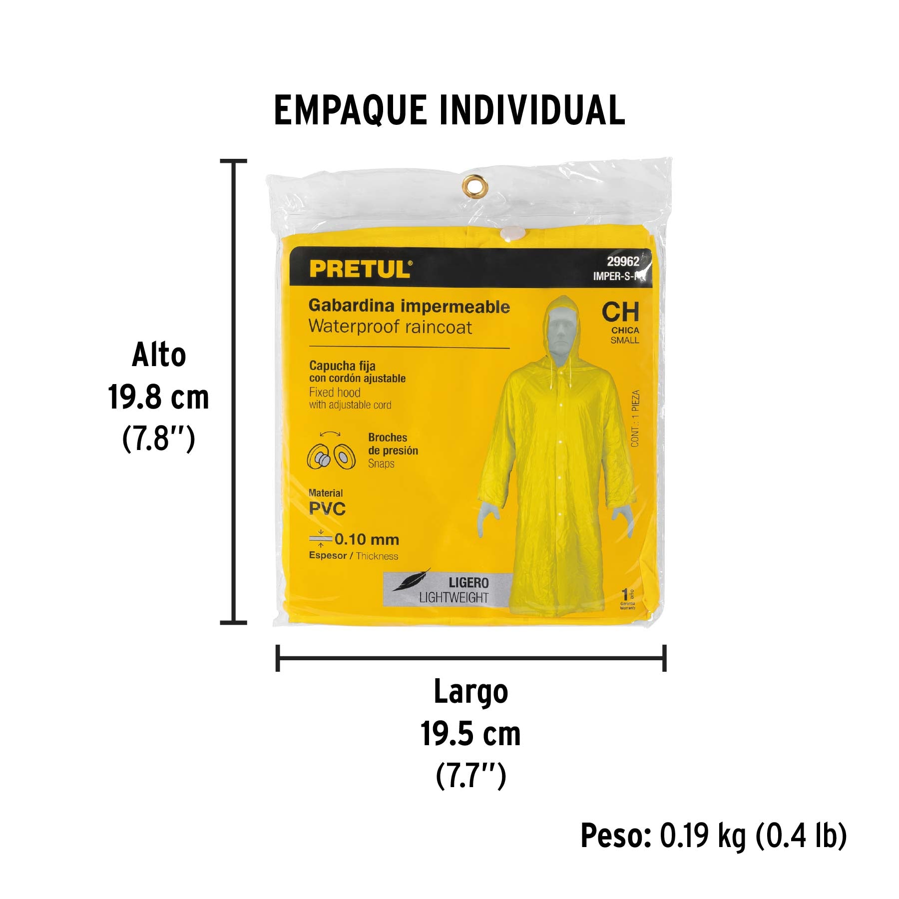 Gabardina impermeable, PVC, espesor 0.10 mm, chica, Pretul