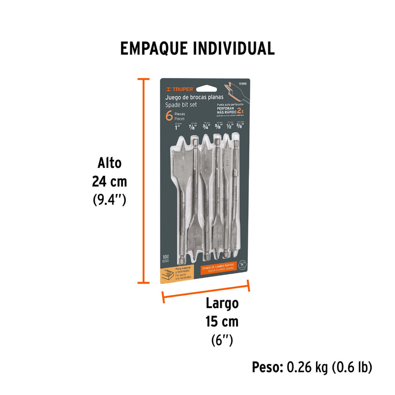 Juego de brocas planas de manita, 6 piezas