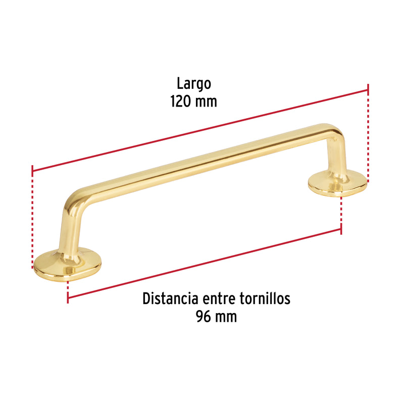 Jaladera de 96mm, línea Oviedo, latón brillante, HERMEX