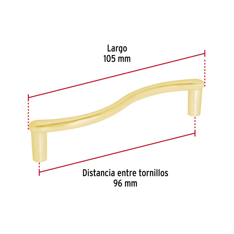 Jaladera de 96mm, línea Toledo, latón brillante, HERMEX