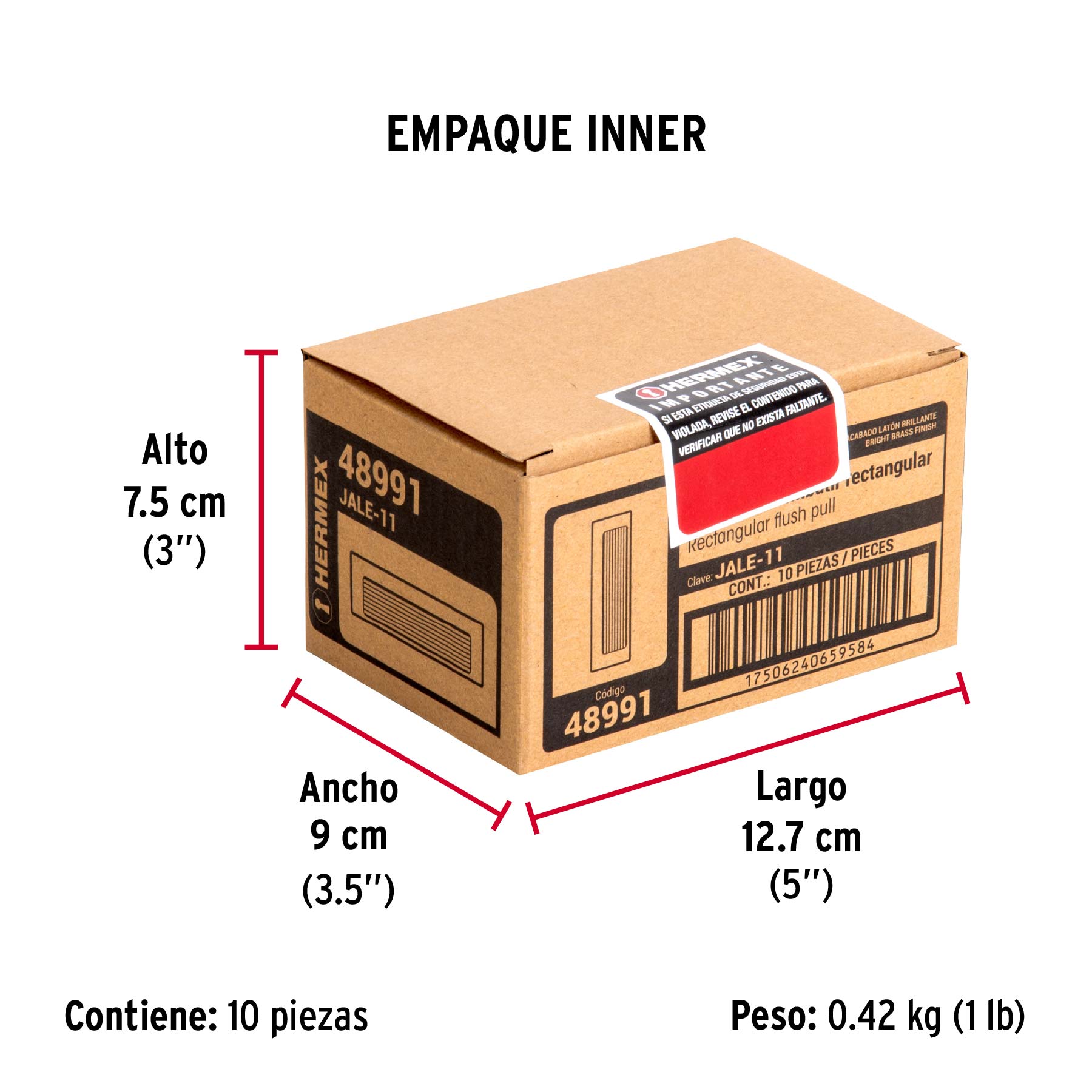 Jaladera de embutir, cuadrada, latón brillante