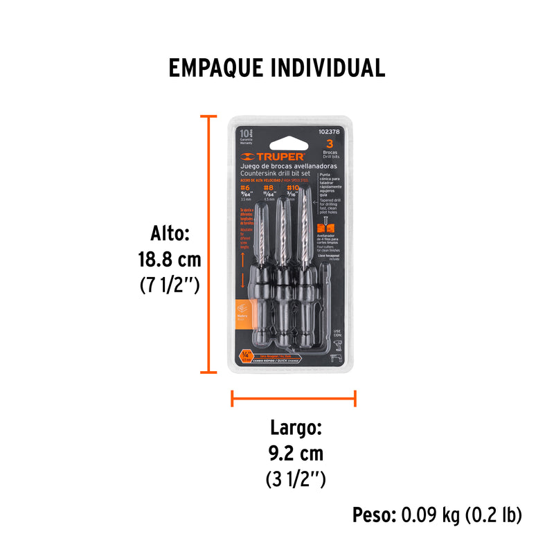 Juego de 3 brocas avellanadoras, Truper