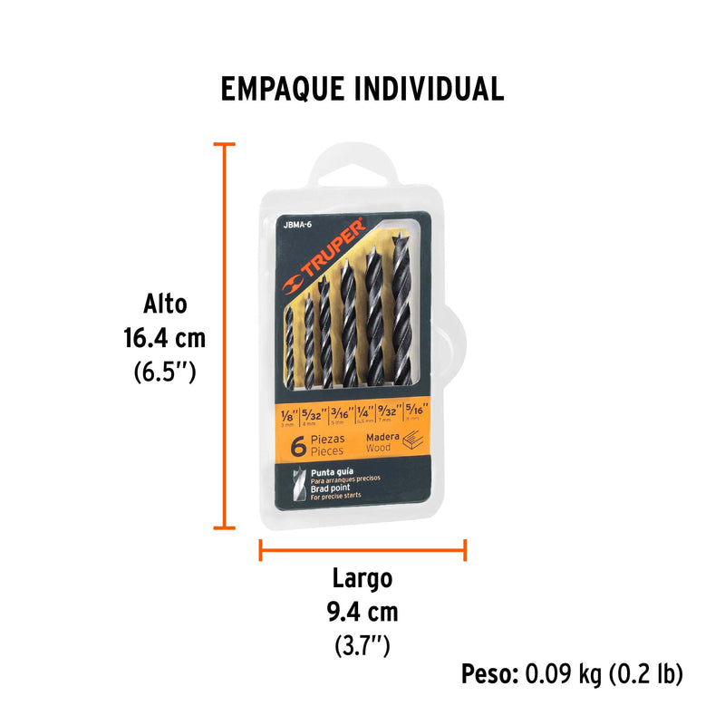 Juego de brocas para madera, 6 piezas