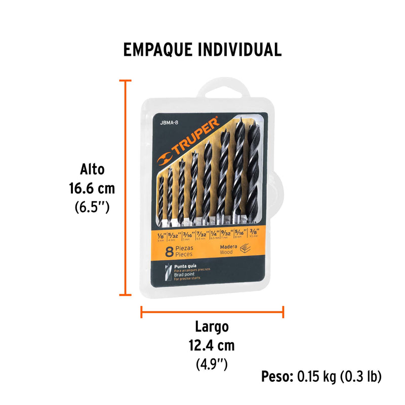 Juego de brocas para madera, 8 piezas