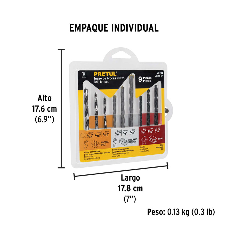 Juego de brocas mixto, 9 piezas, pretul