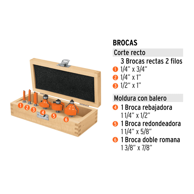 Juego de brocas para router, 6 piezas