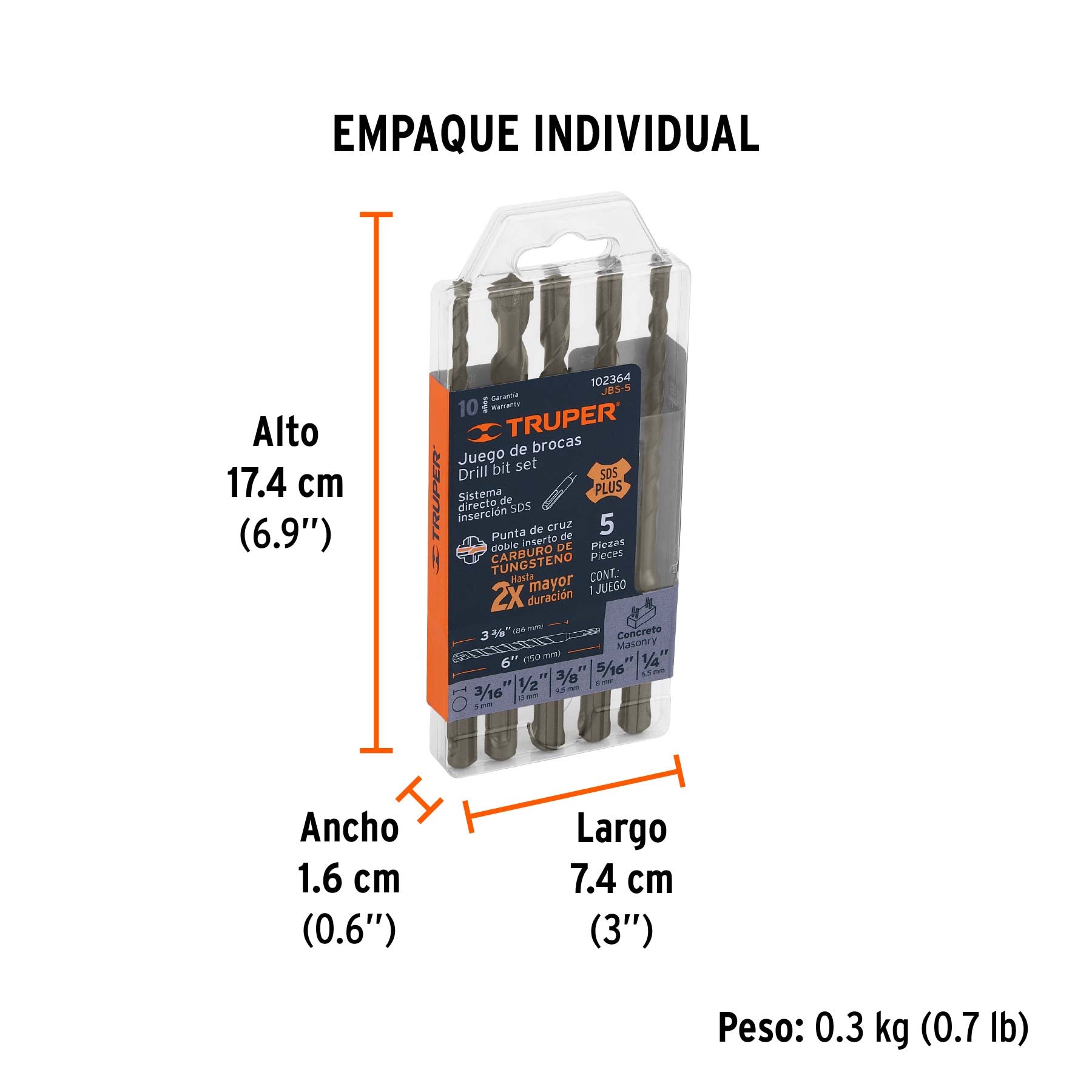 Juego de 5 brocas para concreto SDS Plus, Truper