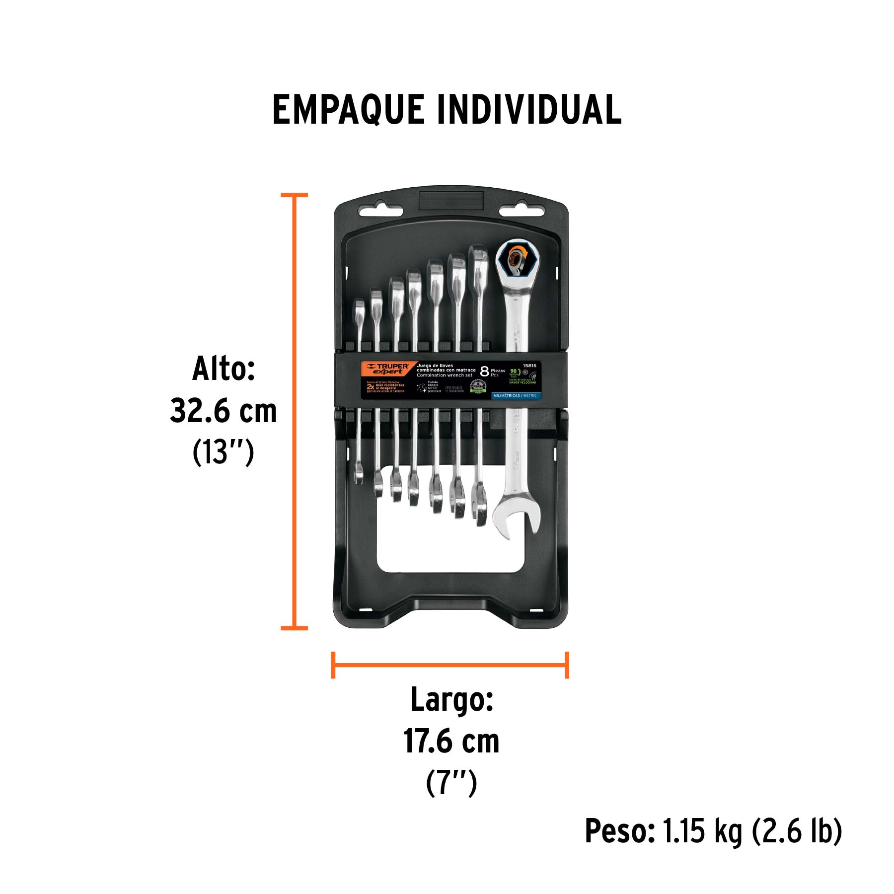 Juego llaves combinadas con matraca, 8pzas, mm,Truper Expert