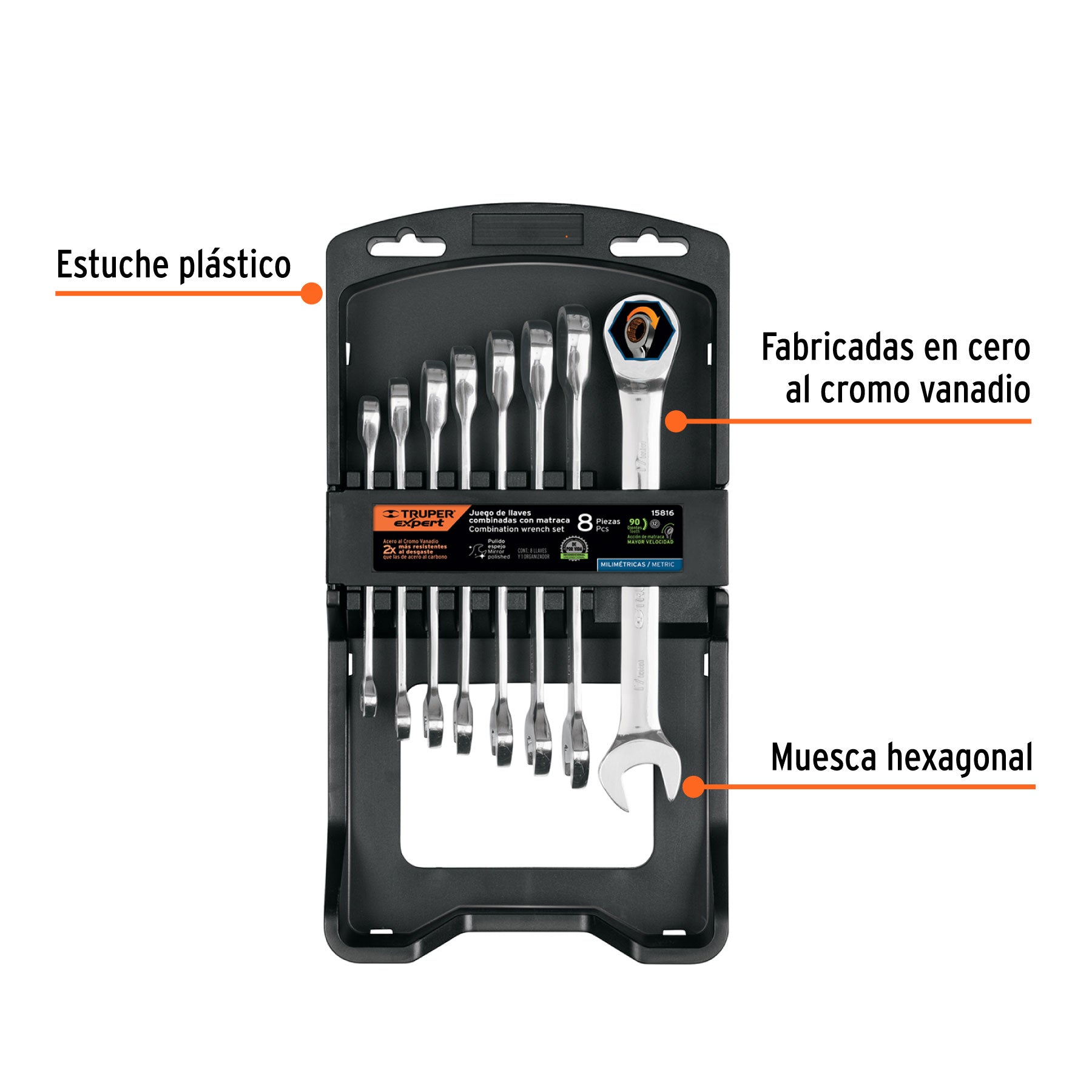 Juego llaves combinadas con matraca, 8pzas, mm,Truper Expert