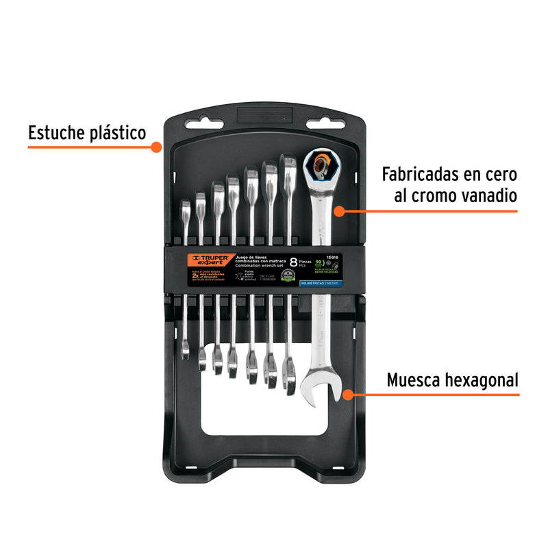 Juego llaves combinadas con matraca, 8pzas, mm,Truper Expert