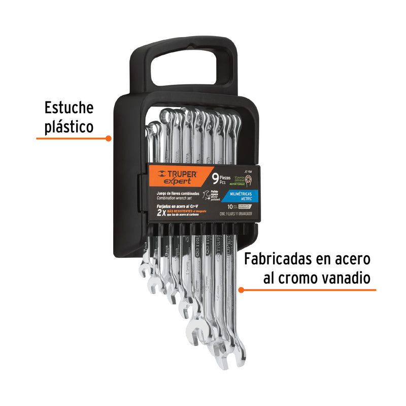 Juego de llaves combinadas, 9 piezas, pulidas, milimétricas