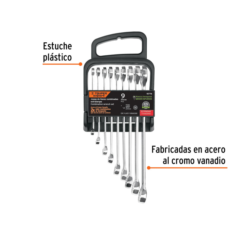 Juego de llaves combinadas, 9 piezas, pulidas