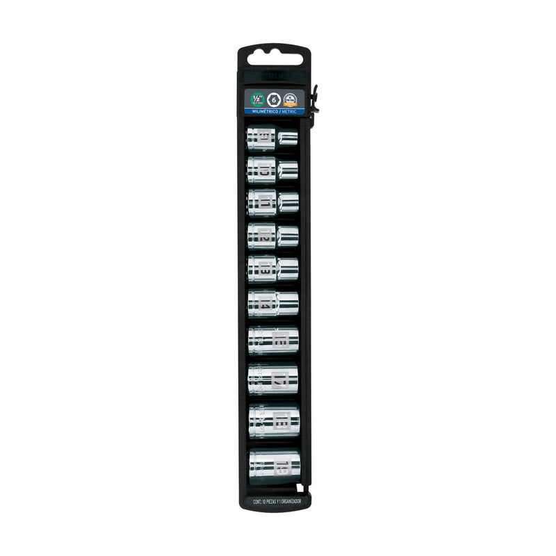 Juego dados, cuadro 1/2", 10 piezas, milimétricos