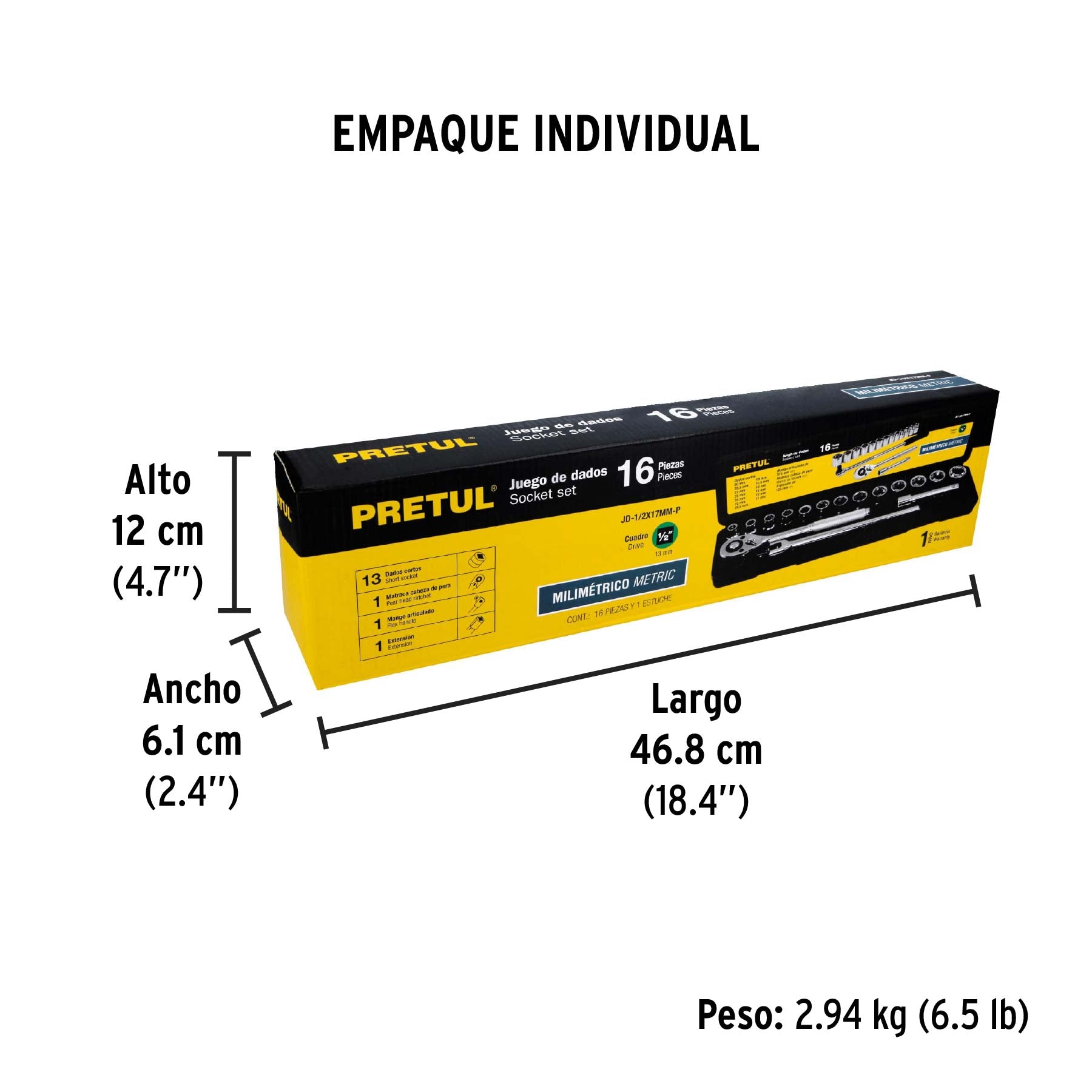 Juego de dados, cuadro 1/2", 16 pzas, milimétricos, Pretul