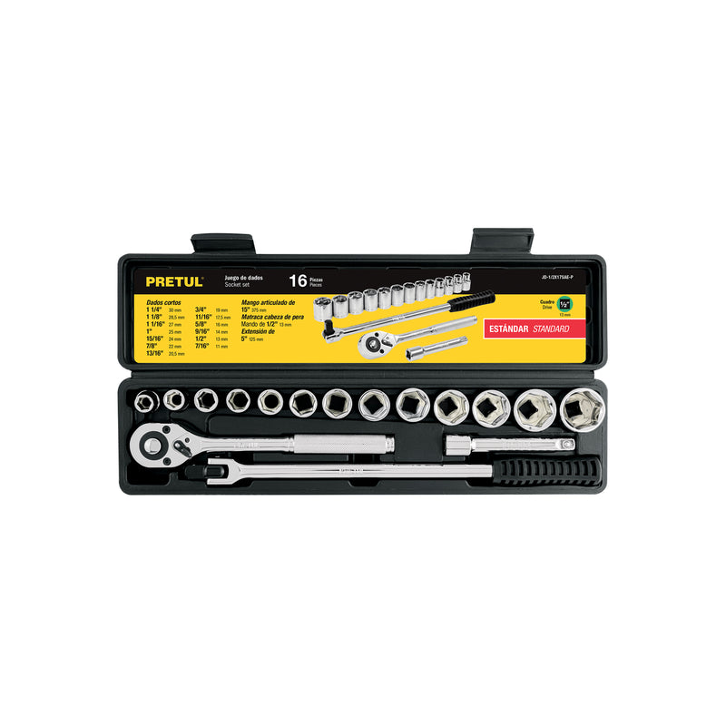 Juego de dados, cuadro 1/2", 16 pzas, standard, Pretul