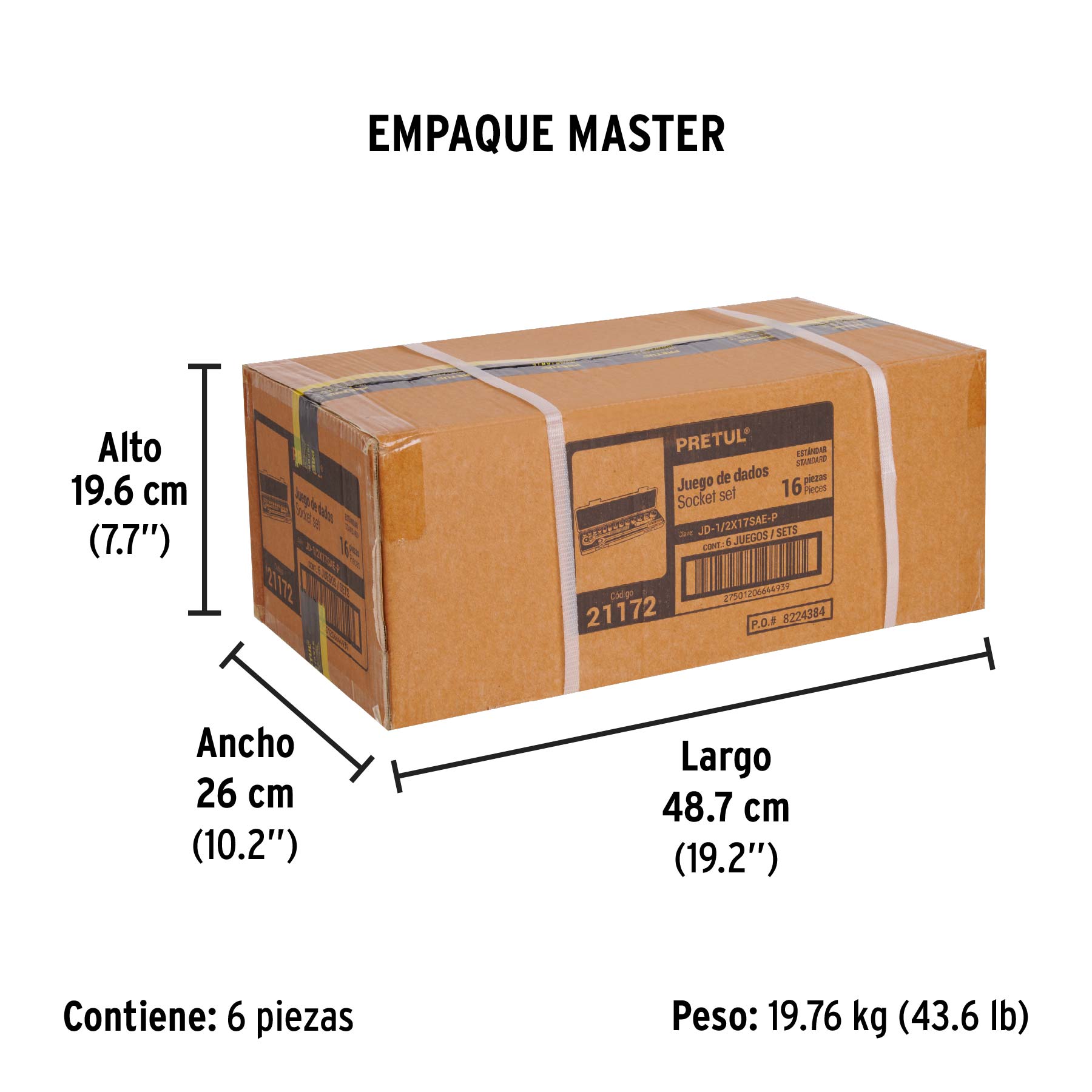 Juego de dados, cuadro 1/2", 16 pzas, standard, Pretul