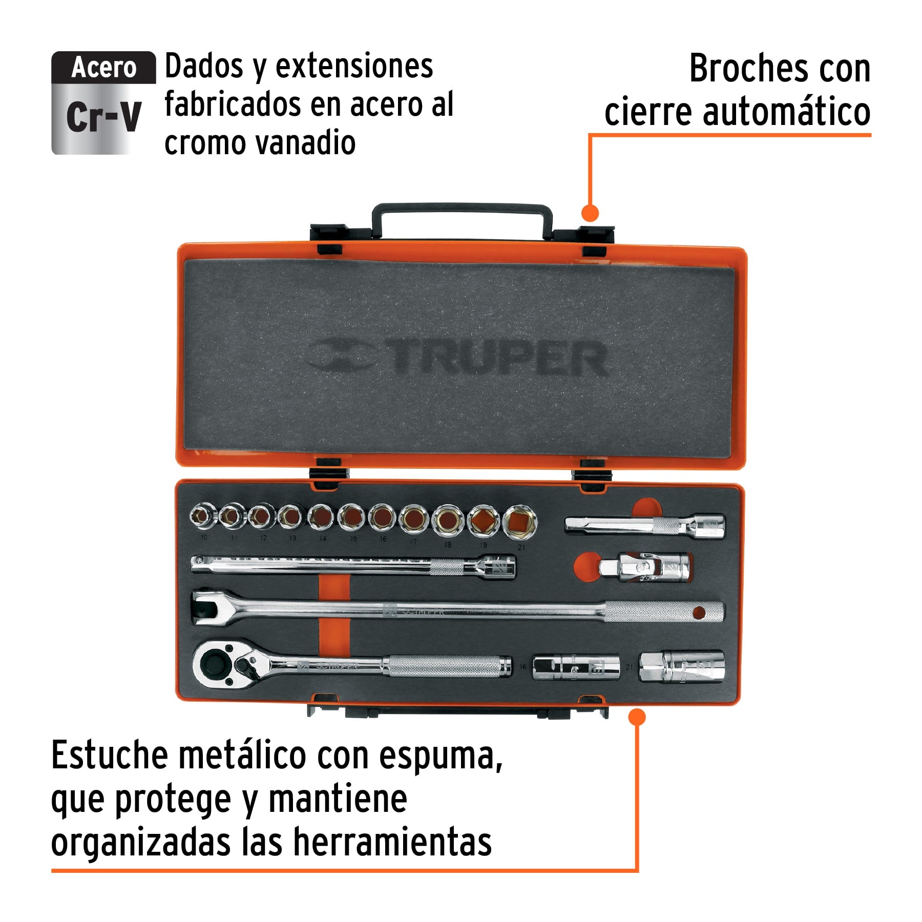 Juego de autoclé, cuadro 1/2", 18 piezas, milimétricos