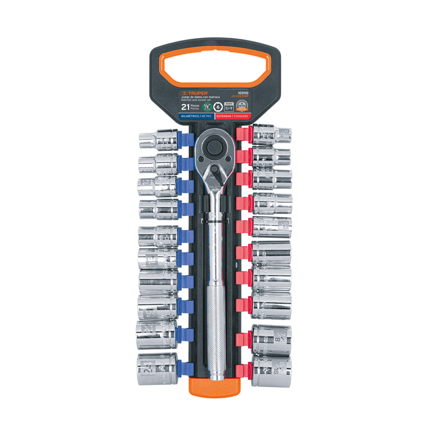 Juego de dados mm y std con matraca, cuadro 1/2', Truper