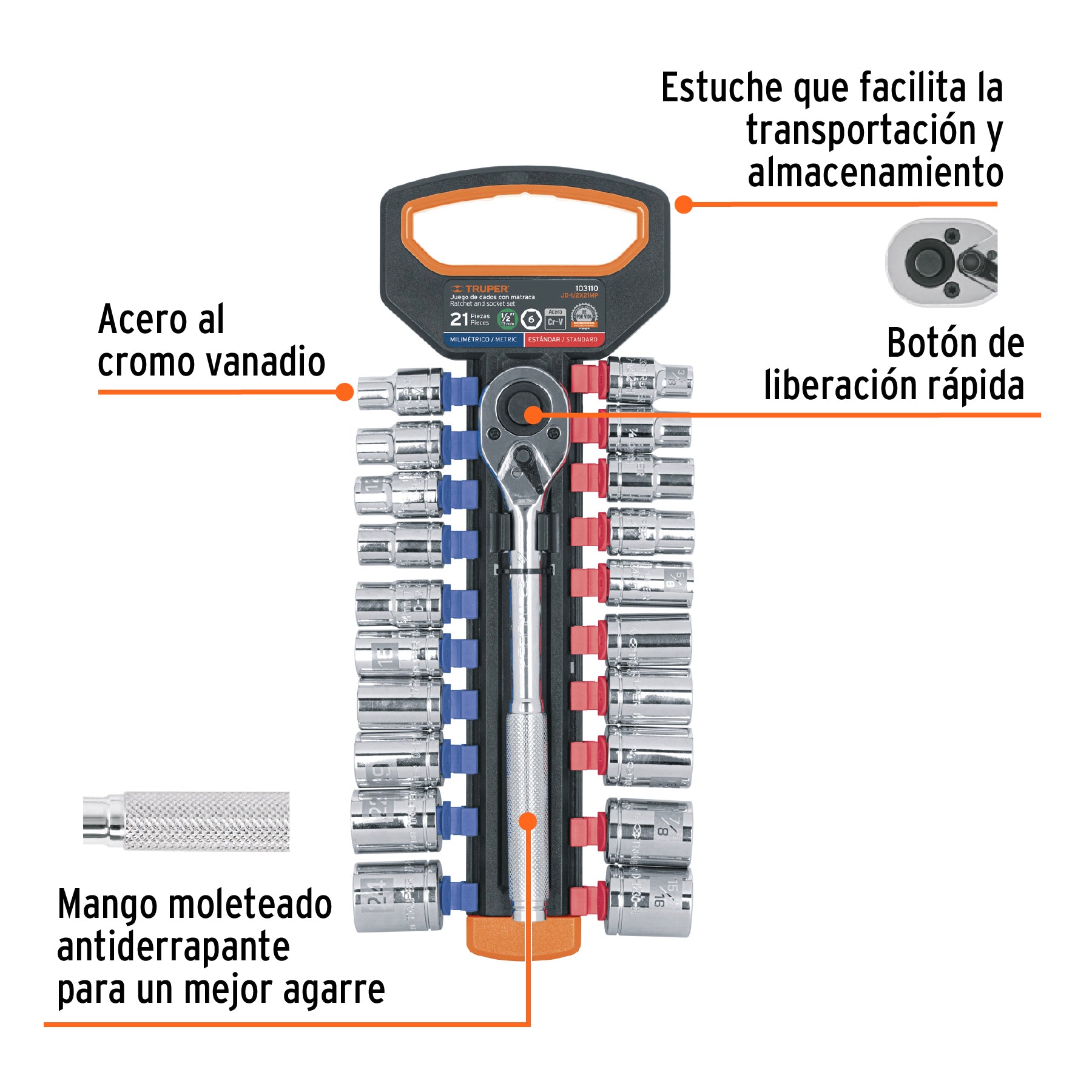 Juego de dados mm y std con matraca, cuadro 1/2', Truper