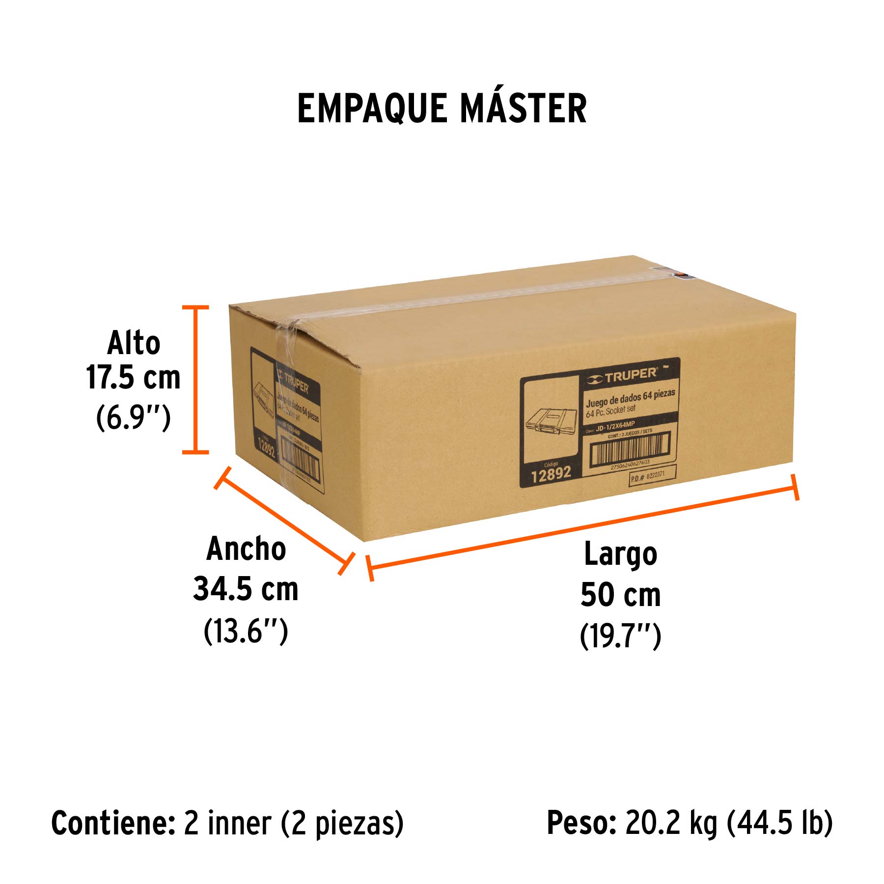 Juego de dados, cuadro 1/2", 64 piezas, std y mm